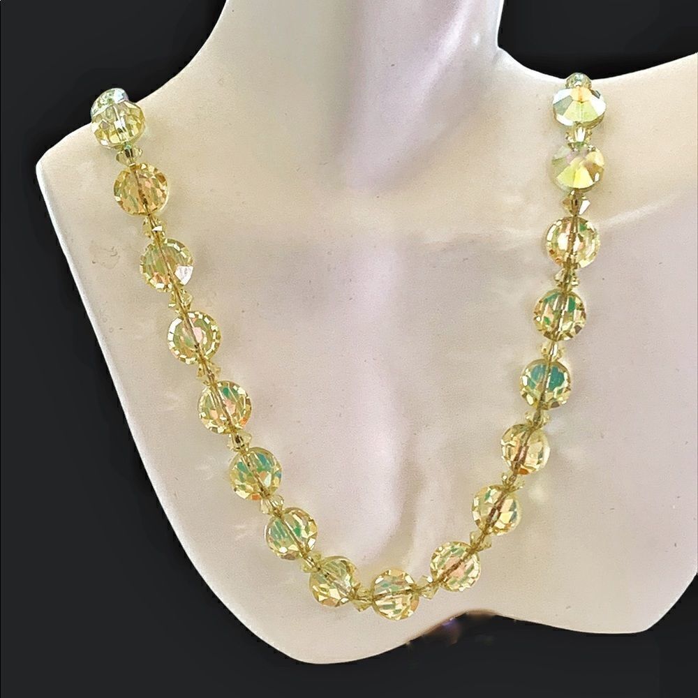 Vintage Hobe jonquil yellow faceted raviolli faceted ab crystal necklace